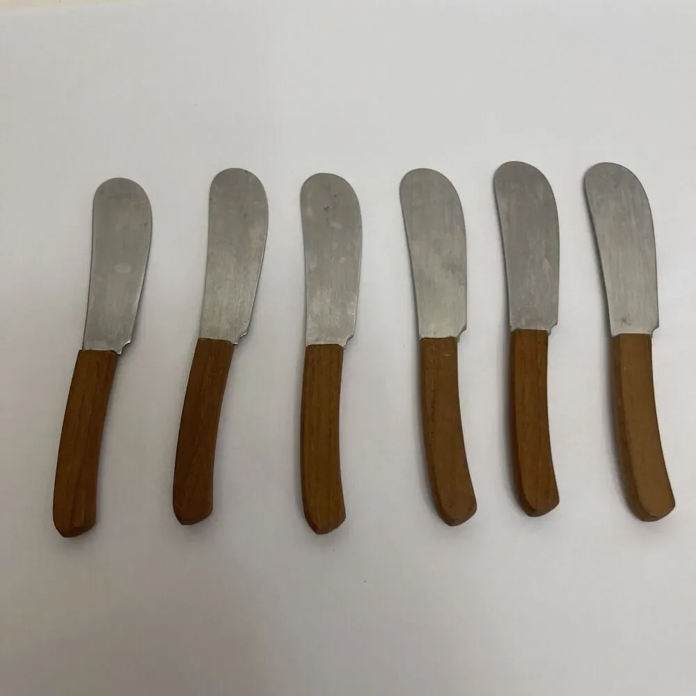Vtg Stainless Canapé Knife Set Teak Handles Ontaguri Japan Spreaders Set Of 6